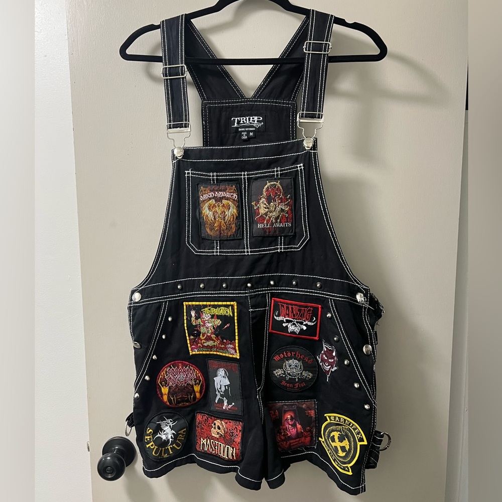 Tripp NYC Black Overall Short with Heavy Metal/Punk Patches and Studs
